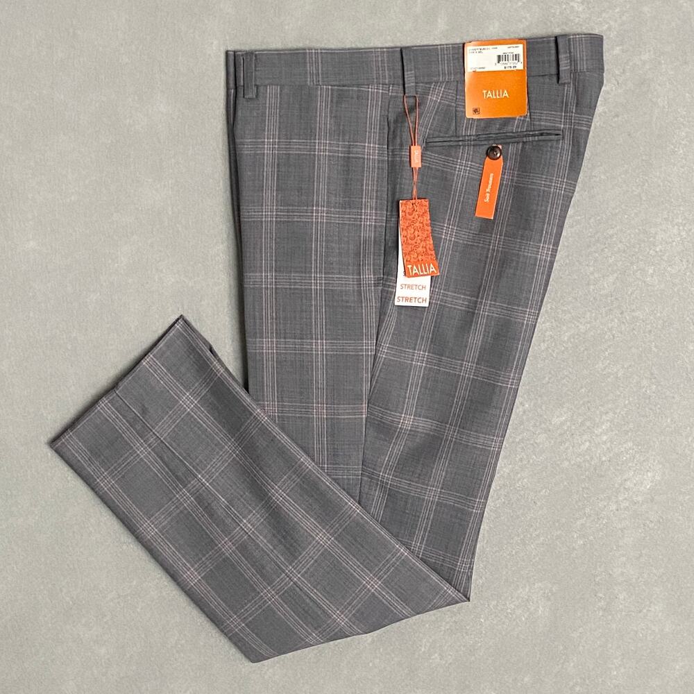 Tallia Men's 34x30 Suit Pant Wool Blend Stretch Grey & Pink Check NEW